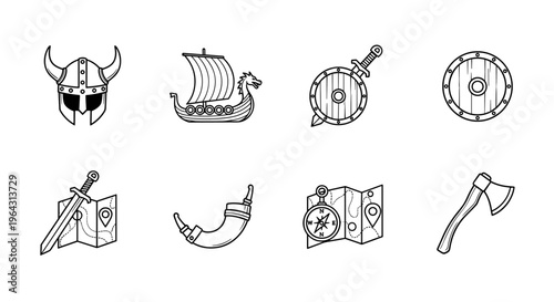 Collection of Viking-themed icons including a helmet, ship, sword, shield, and axe