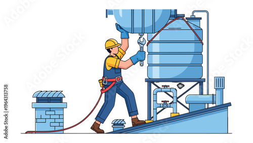 Water Tank Repair: An illustrated scene of a worker diligently repairing a large water tank, highlighting the importance of maintenance and skilled labor.