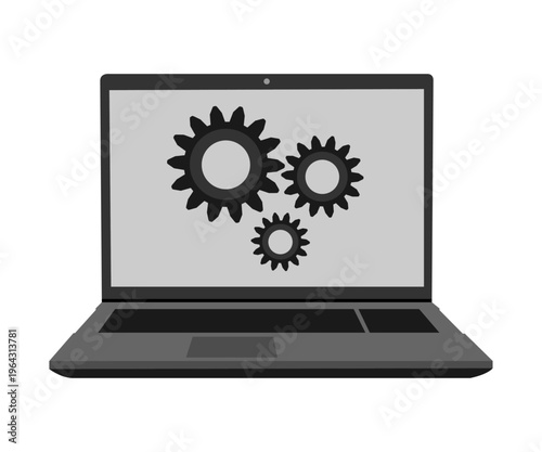 Open laptop icon on the screen with gear signs vector design element.