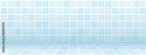 Pool tile mosaic pattern on the walls and floor. Perspective of bathroom, toilet room or swimming pool for interior or product designs. Light blue ceramic surface. Square pixel vector illustration