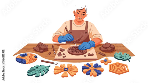 Creative Ceramicist: A skilled ceramicist meticulously sculpts clay, surrounded by a vibrant display of finished and unfinished pieces, showcasing the artistry of pottery and the joy of creation.