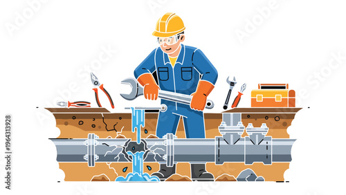 Plumbing Repair: An illustration of a skilled plumber meticulously repairing a burst pipe, using various tools and expertise to restore functionality and resolve the water leakage.