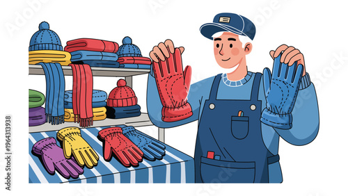 Warm Winter Gear Display: A cheerful vendor displays a colorful array of winter hats, scarves, and gloves at a cozy market stall, perfect for keeping warm during the cold season.