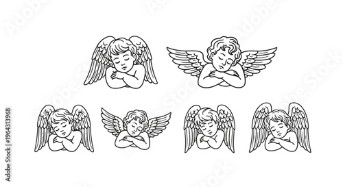 Collection of cherub illustrations with sleeping angelic figures in line art style