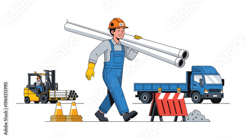 Construction Site Activity: An illustration showcasing a construction worker carrying pipes, with a forklift, truck, and warning signs in the background, depicting a scene of active construction