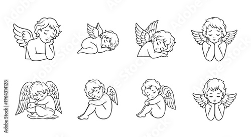 Collection of sad cherubs with wings in various resting and sleeping poses