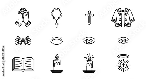 Collection of religious and spiritual icons including praying hands, rosary, cross, and candle