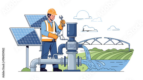 Eco-Engineer's Blueprint: A skilled engineer, stands amidst cutting-edge green technology, focused on maintenance and promoting the harmonious balance between innovation and ecology.