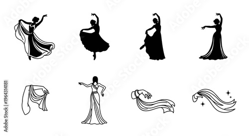 Elegant silhouettes of dancers in flowing gowns performing graceful movements