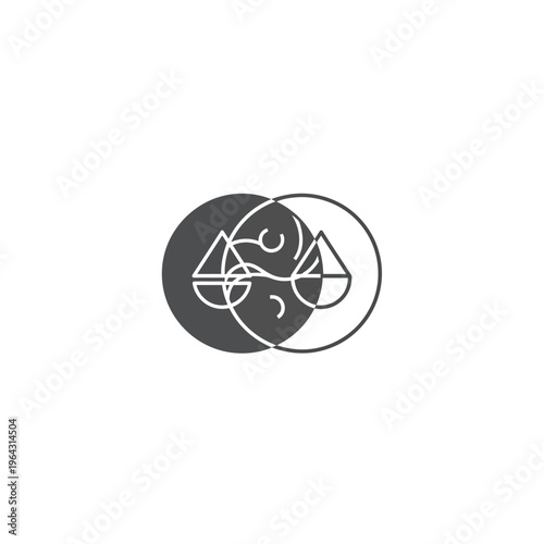 Yin Yang Symbol Intertwined with Scales of Justice Icon.