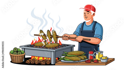 Grilled Corn Maestro: A culinary scene of a person grilling corn, bringing the fresh aroma and culinary delight.
