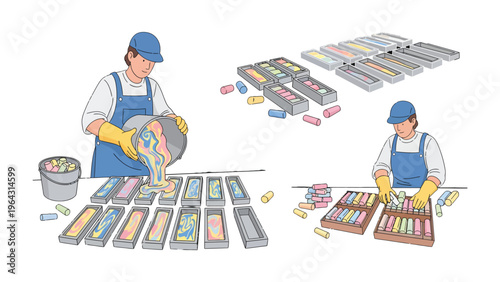 Chalk Making Process: A craftsman meticulously crafts colorful chalk sticks, from pouring the mixture into molds to carefully arranging the finished products.
