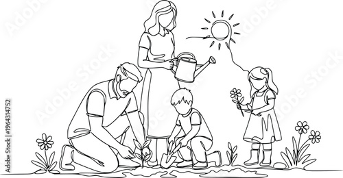 Family Gardening Together Continuous Line Drawing Minimalist Vector Illustration