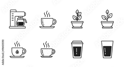 Collection of simple line art icons for coffee, plants, and drinks