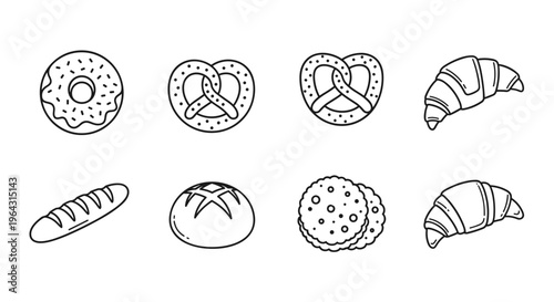 Collection of simple line art icons representing various baked goods and pastries