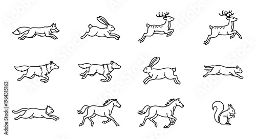 Collection of stylized line art animals in motion, depicting speed and agility