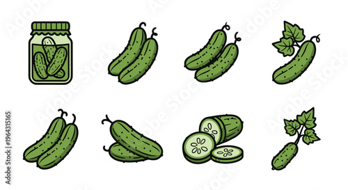 Collection of fresh green cucumbers and pickled cucumbers in a jar