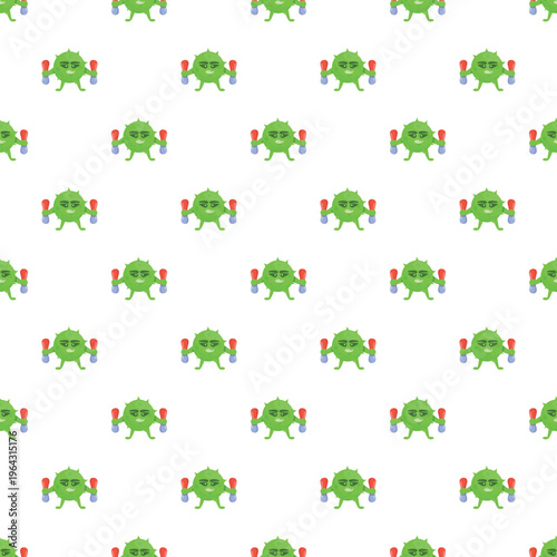 Green cartoon virus holding dumbbells showing strength and fitness in a seamless pattern