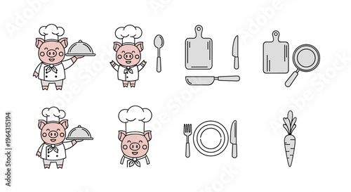 Cute cartoon chef pigs and kitchen utensils illustration set