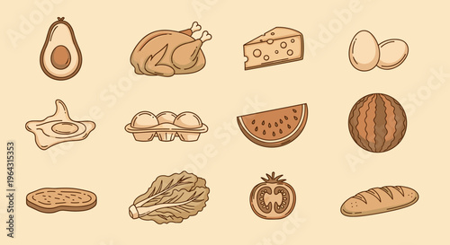Collection of diverse food items illustrated in a simple, appealing cartoon style