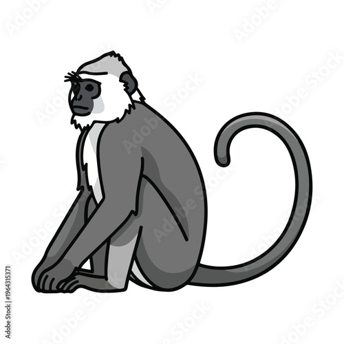 Cute cartoon monkey sitting on ground looking sideways