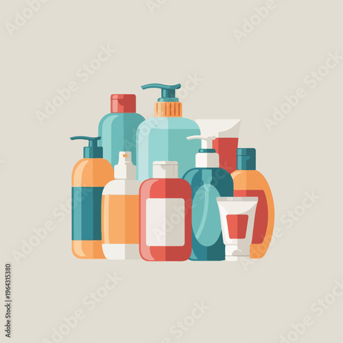 Assorted personal care and cosmetic products in colorful bottles