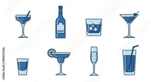 Collection of various blue alcoholic and non-alcoholic drinks in glasses and a bottle