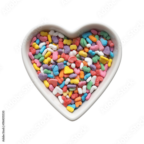 heart-shaped ceramic dish filled with colorful candy isolated on transparent background