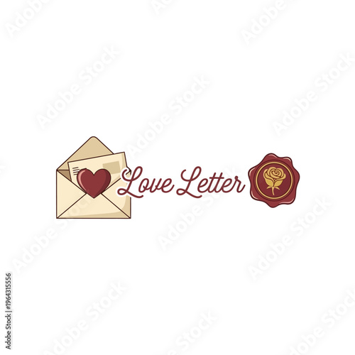 Love Letter Envelope with Heart and Wax Seal.