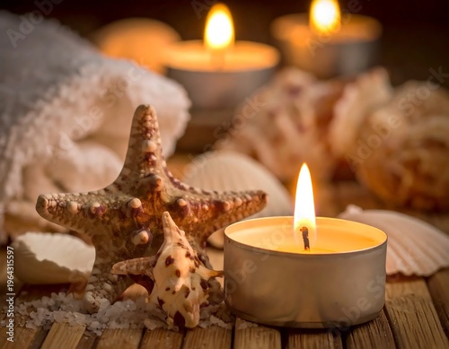 Relaxing Spa Ambiance with Candles, Starfish, and Seashells for Tranquility.