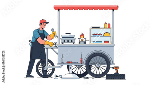 Street Food Vendor's Setup: A diligent street food vendor meticulously prepares his cart, ensuring every element is in perfect order to provide delightful food experiences for his patrons.