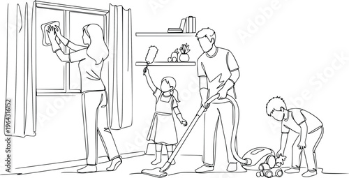 Family Cleaning House Together Continuous Line Drawing  hand drawn Vector Illustration