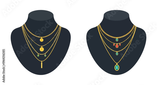 Two black busts displaying layered gold necklaces with colorful gemstones