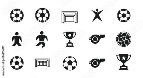 Black and white icons depicting soccer balls players and related equipment
