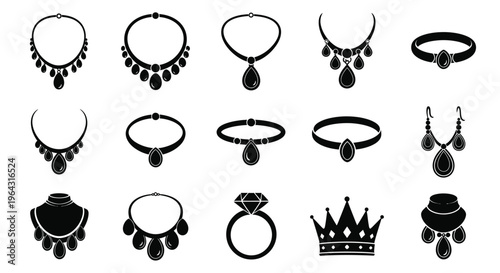 Collection of elegant black jewelry including necklaces rings and crowns