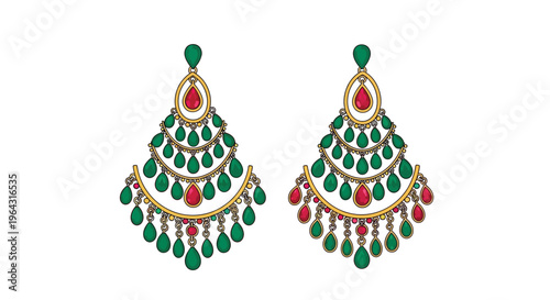 Detailed illustration of ornate chandelier style earrings with gemstones