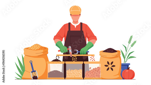 Farmer at Work: An illustration depicting a farmer diligently at work, managing seeds and soil. He stands centered, surrounded by resources, encapsulating industry.