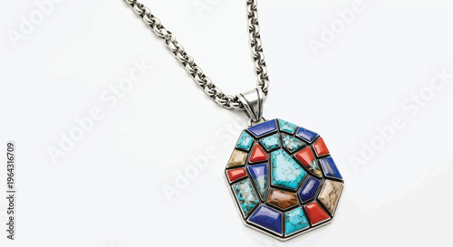 Silver necklace featuring a colorful geometric inlay pendant