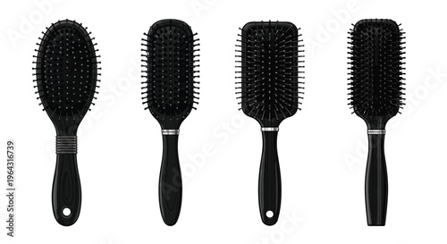 Four black hairbrushes arranged in a row on a white background