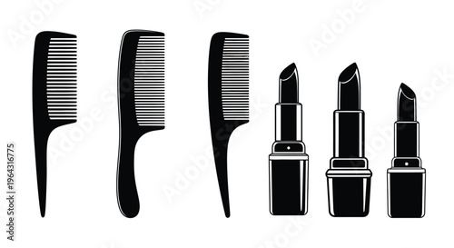 Black and white illustration of combs and lipstick tubes arranged in a row