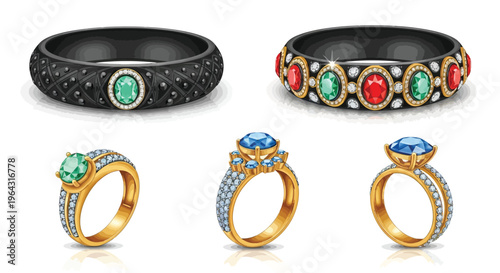 An assortment of ornate gold and silver rings with colorful gemstones