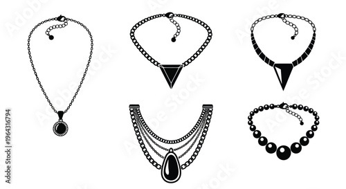 Collection of six black and white necklace designs on a white background