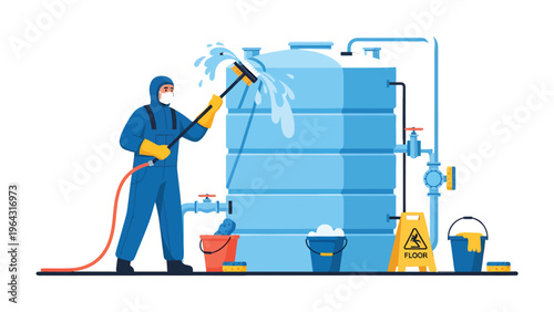 Tank Sanitation Specialist: A dedicated sanitation worker, clad in protective gear, meticulously cleans a large industrial tank, emphasizing cleanliness and safety.