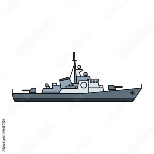 Military naval vessel ship with deck guns on white background