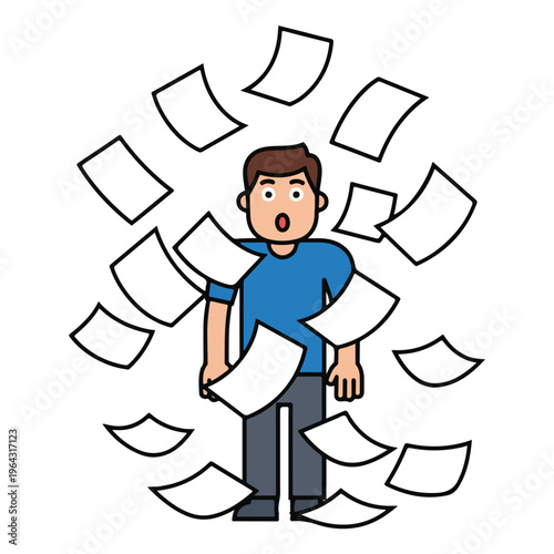 Man overwhelmed by falling papers in cartoon style