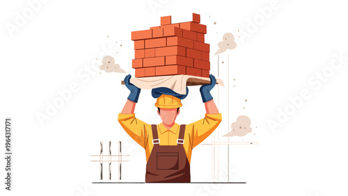 Bricklayer at Work: A construction worker balances a stack of red bricks atop their head, embodying strength and dedication within the construction process.