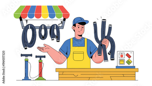 Cycling Shop Proprietor: A skilled shopkeeper stands proudly in front of his cycling shop, ready to assist customers with their bicycle needs. His expertise is displayed through various components