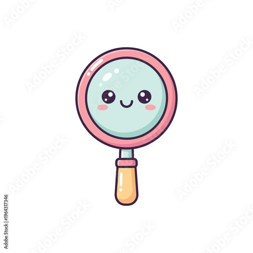 Cute cartoon magnifying glass smiling face.