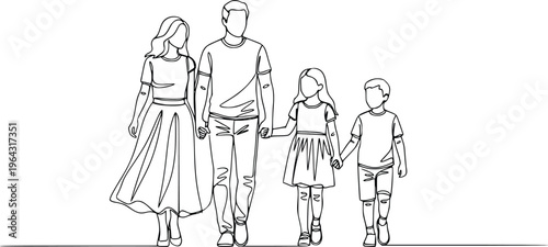 Continuous Line Family Walking Together Holding Hands Minimalist Hand Drawn Vector Illustration
