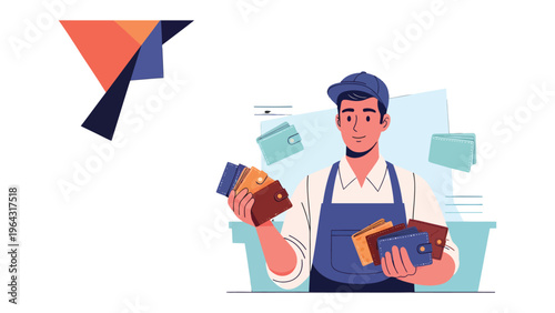 Wallet Seller: An illustration showcasing a shopkeeper presenting a collection of wallets, with a modern design aesthetic. Perfect for finance-related projects.